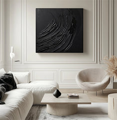 Onyx Tides – Large Black Abstract Textured Wall Art for Modern Minimalist Home Decor