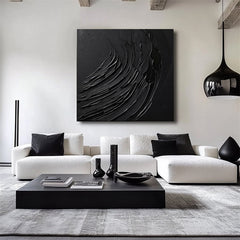 Onyx Tides – Large Black Abstract Textured Wall Art for Modern Minimalist Home Decor