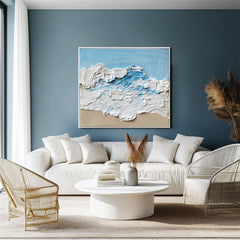 Ocean Serenity- Coastal Home Decor: Textured Abstract Oil Painting in Blue, White & Beige