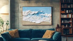 Ocean Serenity- Coastal Home Decor: Textured Abstract Oil Painting in Blue, White & Beige
