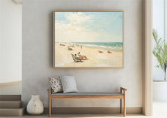 Sunny Beach Escape: Coastal Beach Scene Oil Painting – Seascape Wall Art