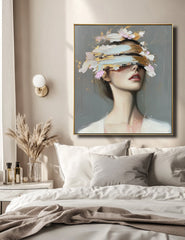 Veiled Perception – Woman with Blindfold Eye Cover, Gold Pink Brushstrokes Contemporary Oil Painting