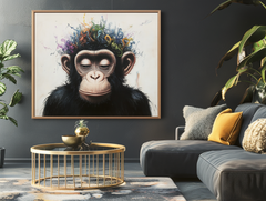 Inner Muse – Whimsical Surreal Chimpanzee Art Print, Colorful Curly Patterns Monkey Painting