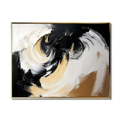 Handmade Black White Gold Abstract Swirl Oil Painting – Textured Wall Art