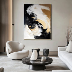 Handmade Black White Gold Abstract Swirl Oil Painting – Textured Wall Art