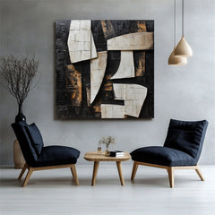 Fragmented Harmony:Textured Black & Brown Geometric Abstract Art – Modern Wall Decor