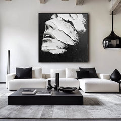 Veiled Expression: Black White Abstract Textured Portrait Wall Art – 3D Modern Framed Decor