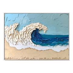 Ocean Crest: Thick Texture Seascape Painting – Blue and White Coastal Wave Art for Modern Interiors