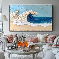 Ocean Crest: Thick Texture Seascape Painting – Blue and White Coastal Wave Art for Modern Interiors