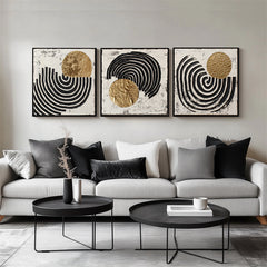Rhythmic Triptych: Hand-Painted Black & Gold Abstract Triptych – Textured Wall Art for Modern Spaces
