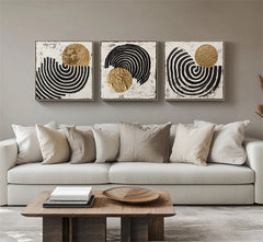 Rhythmic Triptych: Hand-Painted Black & Gold Abstract Triptych – Textured Wall Art for Modern Spaces