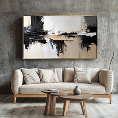 Monochrome Harmony: Impasto Black White Brown Abstract Wall Art – Modern Home Accent