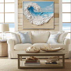 Ocean Whisper: Textured Ocean Wave Oil Painting – Coastal Wall Art for Living Room and Bedroom Decor
