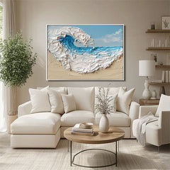 Ocean Whisper: Textured Ocean Wave Oil Painting – Coastal Wall Art for Living Room and Bedroom Decor