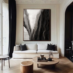 Veil of Depths – Abstract Black and White Textured Oil Painting, Modern Wall Art