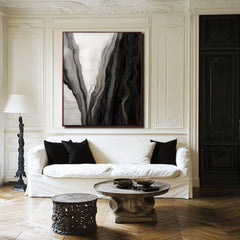 Veil of Depths – Abstract Black and White Textured Oil Painting, Modern Wall Art