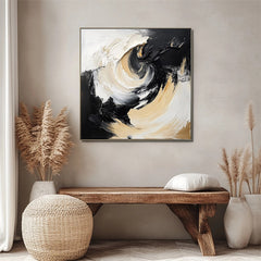 Whirlwind Elegance-Black Gold White Abstract Swirl Wall Art – Textured Abstract Wall Art