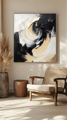 Whirlwind Elegance-Black Gold White Abstract Swirl Wall Art – Textured Abstract Wall Art