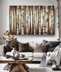Forest Whispers – Natural Birch Tree Forest Oil Painting, Wooden Texture Wall Art