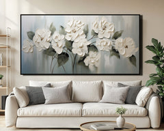 Blooming Serenity – Framed Textured White Floral Oil Painting, Modern Minimalist Wall Art