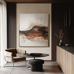 Earthbound Waves – Abstract Textured Mountain Oil Painting , Framed Neutral Tones Wall Art