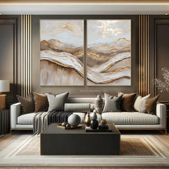 Golden Horizon: Textured Abstract Landscape Oil Painting Pair