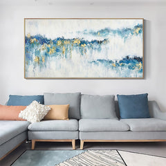 Morning Mist Light-Modern Abstract Blue and Gold Mountain Wall Art, Landscape Oil Painting