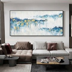 Morning Mist Light-Modern Abstract Blue and Gold Mountain Wall Art, Landscape Oil Painting