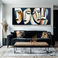 Silent Dialogue-Handmade Abstract Oil Painting, Modern Cubist Faces Canvas Art