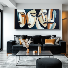 Silent Dialogue-Handmade Abstract Oil Painting, Modern Cubist Faces Canvas Art