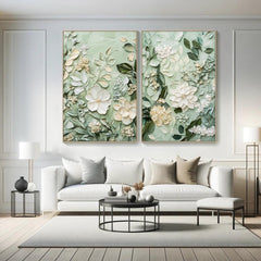 Soft Green Floral Diptych Oil Paintings with Impasto Texture, Set of 2 Botanical Wall Art