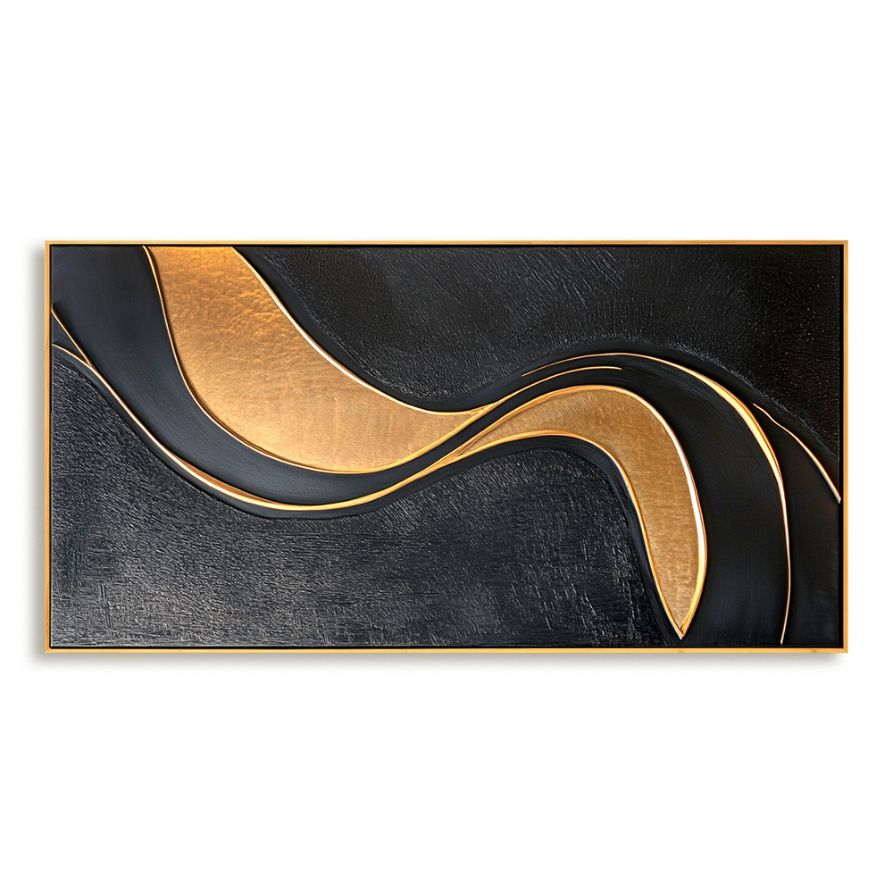 Black and Gold Abstract Textured Wall Art with Flowing Curves hand-painted wall art