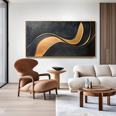 Black and Gold Abstract Textured Wall Art with Flowing Curves