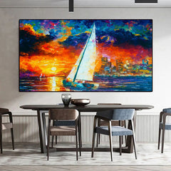 Sail into Sunset – Sailboat Sunset Oil Painting for Modern Coastal Wall Decor