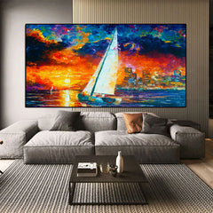 Sail into Sunset – Sailboat Sunset Oil Painting for Modern Coastal Wall Decor