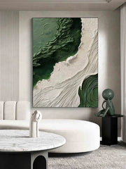 Emerald Waves – Vertical Textured Green & White Abstract Painting for Modern Decor