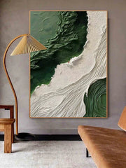 Emerald Waves – Vertical Textured Green & White Abstract Painting for Modern Decor