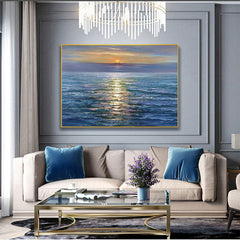 Glittering Sunset – Horizontal Textured Ocean Sunset Oil Painting for Living Room or Bedroom