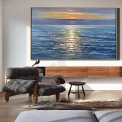 Glittering Sunset – Horizontal Textured Ocean Sunset Oil Painting for Living Room or Bedroom