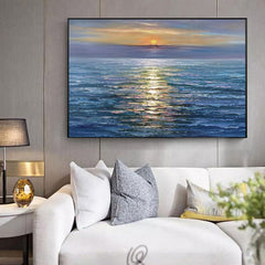 Glittering Sunset – Horizontal Textured Ocean Sunset Oil Painting for Living Room or Bedroom