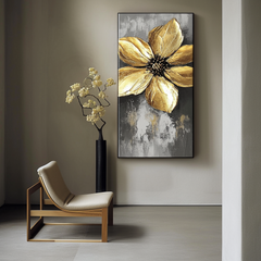 Golden Bloom-Luxury Textured Gold Flower Painting, Abstract Floral Wall Art