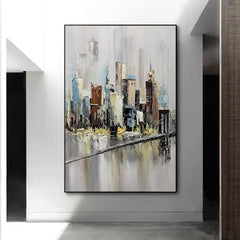 Manhattan-Abstract Cityscape Oil Painting – Textured Urban Canvas Art for Modern Decor