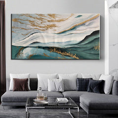 Remains of the Sea-Abstract Landscape Oil Painting: Blue – Green Hues with Gold Accents