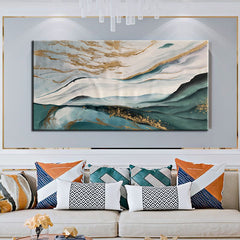 Remains of the Sea-Abstract Landscape Oil Painting: Blue – Green Hues with Gold Accents