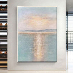 Sunbeam Surface – Luxury Vertical Abstract Textured Seascape Painting for Modern Decor