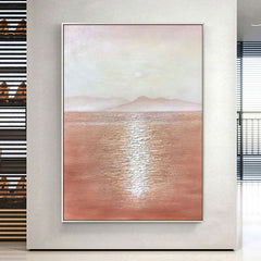 Sunbeams on the Sea – Minimalist Landscape Oil Painting: Warm Brown Tones, Calm Sea & Distant Mountains