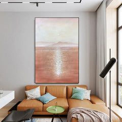 Sunbeams on the Sea – Minimalist Landscape Oil Painting: Warm Brown Tones, Calm Sea & Distant Mountains