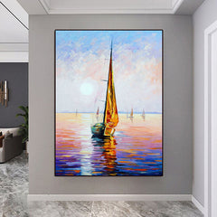 Sunset on the Sea-Sailboat Sunset Seascape Oil Painting – Nautical Art for Home Decoration