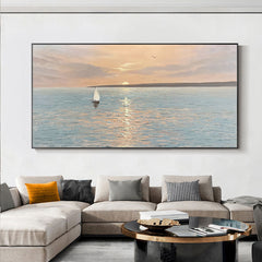 The Empty Ocean – Serene Sunset Seascape Oil Painting with Sailboat, Nautical Art for Home Decoration