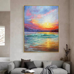 The Golden Hour – Vibrant Sunset Ocean Wave Oil Painting, Seascape Art for Home Decoration